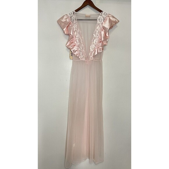 Val Mode Women's Lingerie Vintage Baby Pink Chiffon Satin Maxi Dress Ruffles - Picture 7 of 7